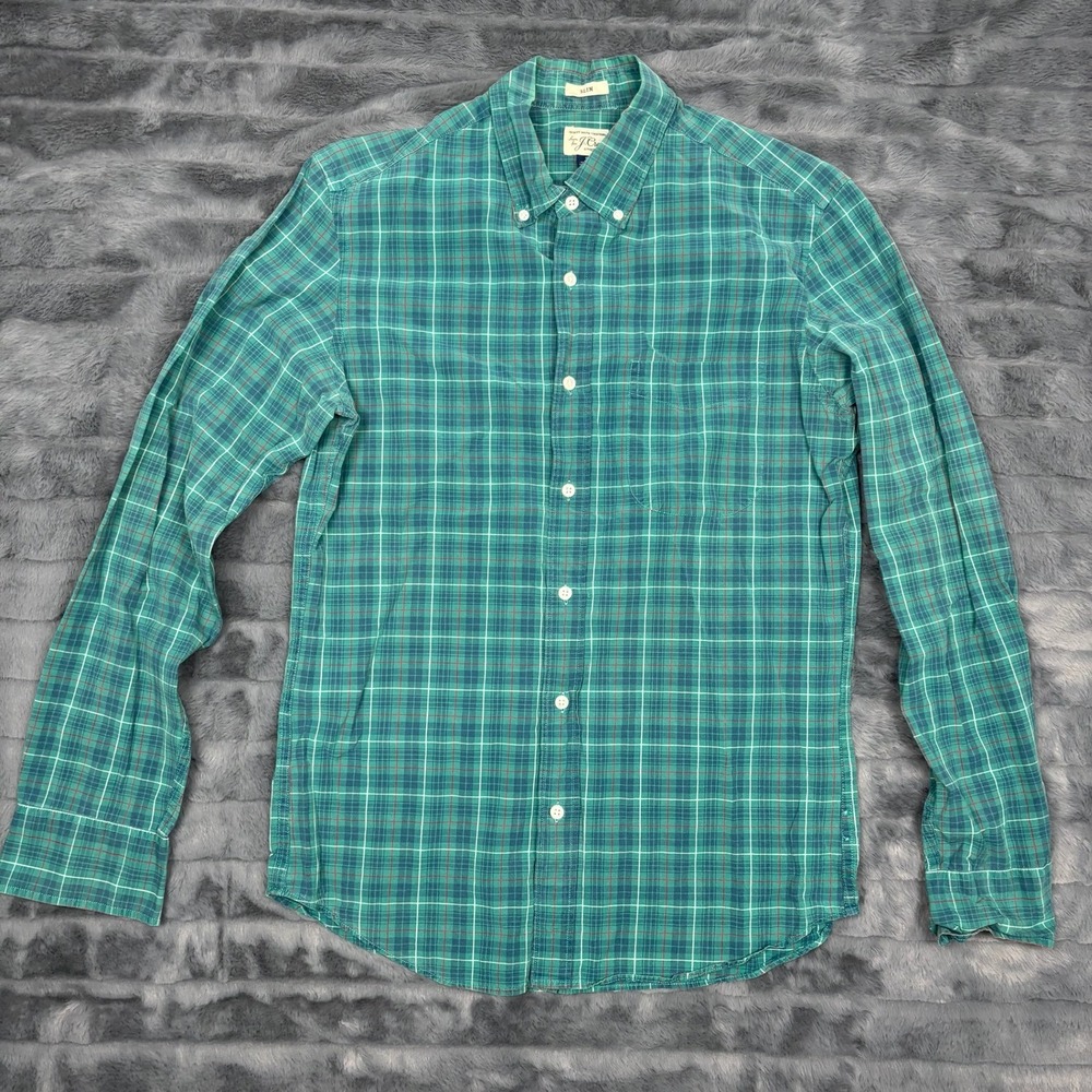 J.Crew Secret Wash Slim Fit Plaid Button Down Shirt Mens Small Green Stretch